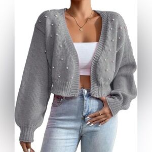 Gorgeous Pearl Beaded Embellished Cropped Cardigan Sweater